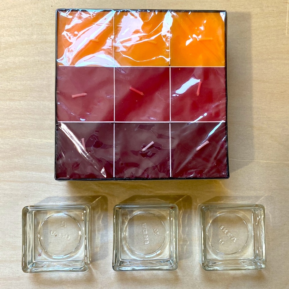 IKEA🍁CANDLES SQUARE 9 pack W/ 3 GLASS SQUARE BASES